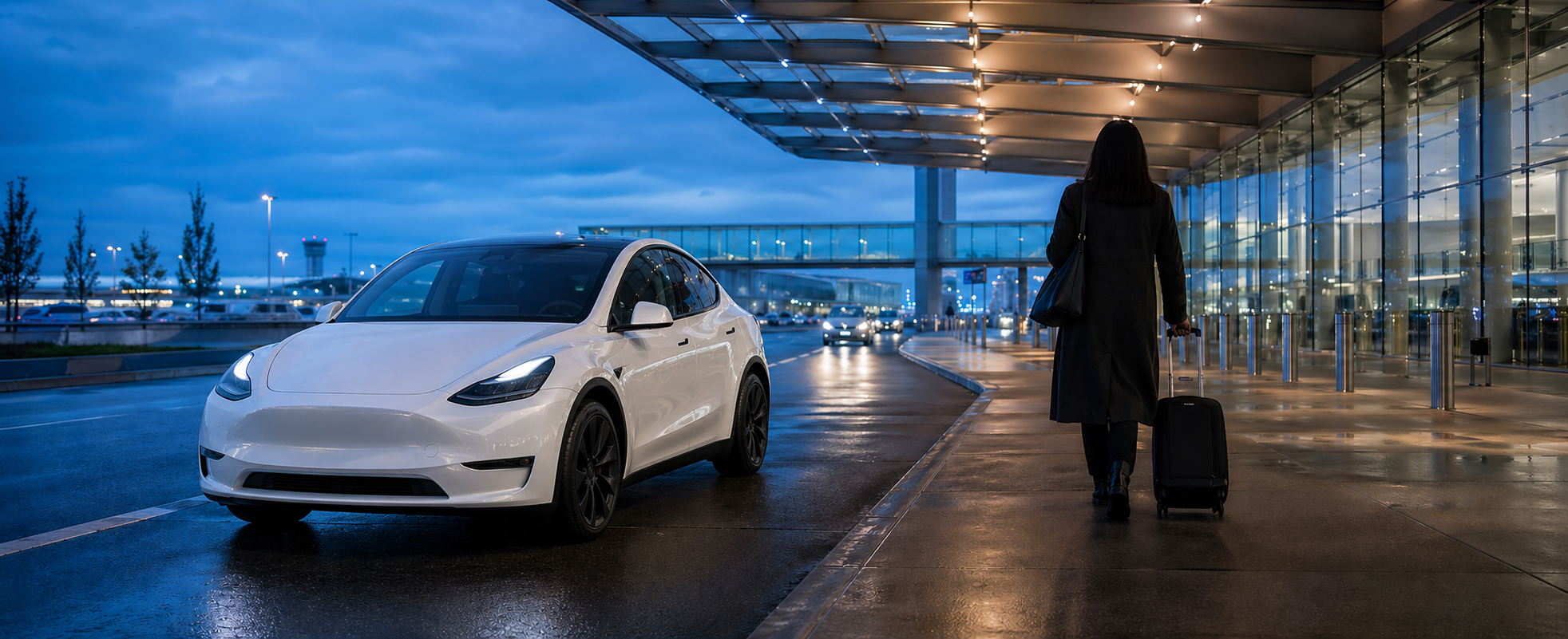 An electric taxi pulling up at a modern airport arrivals curb.