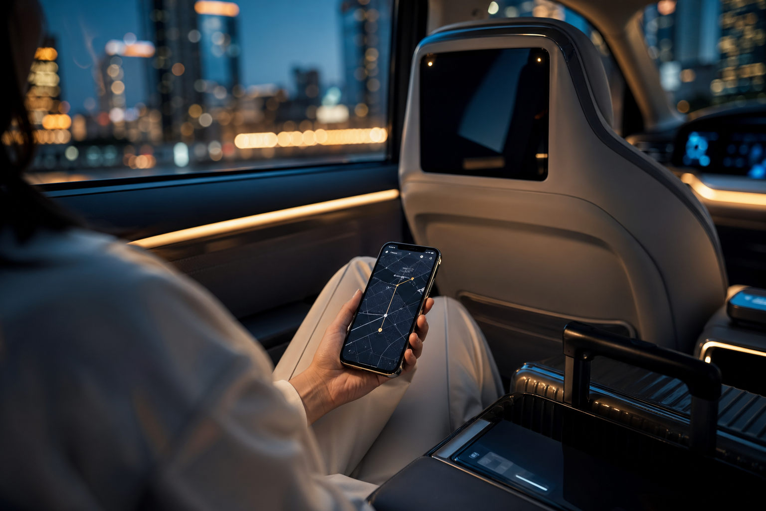 A premium electric vehicle cabin at dusk with city lights outside.