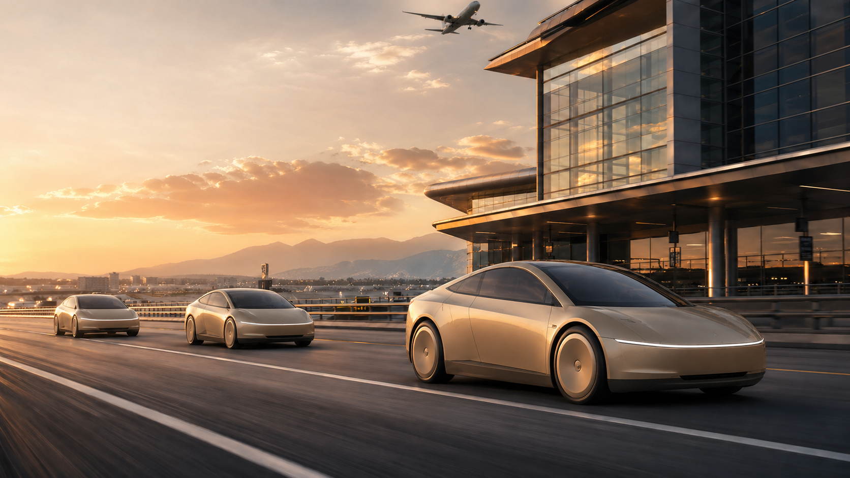A sleek electric autonomous taxi fleet driving through a modern city at sunset.
