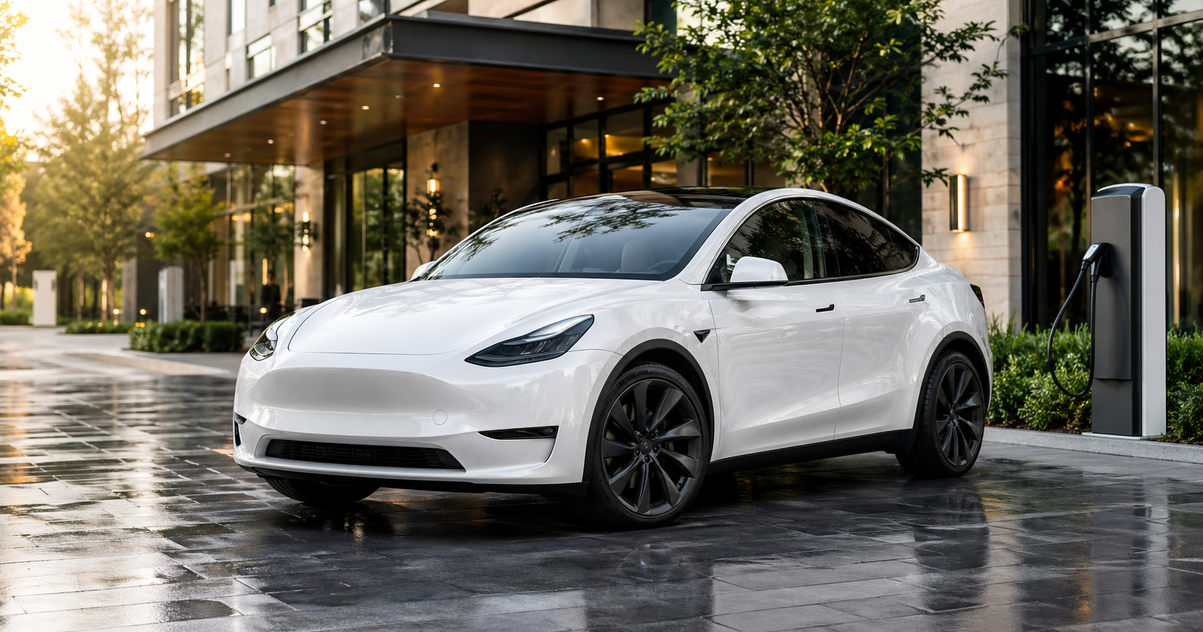 A white electric crossover SUV parked by a modern hotel and EV charging area.